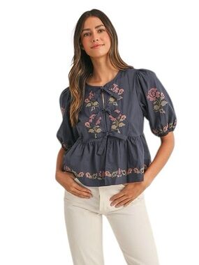 Mable Embroidered Tie Front Blouse Small Peplum Boho Cottagecore NWT